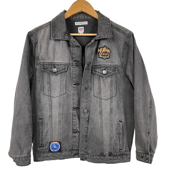 JunkFood Black Jean Jacket w/ Def Leppard Patches Sz Medium - Picture 1 of 6